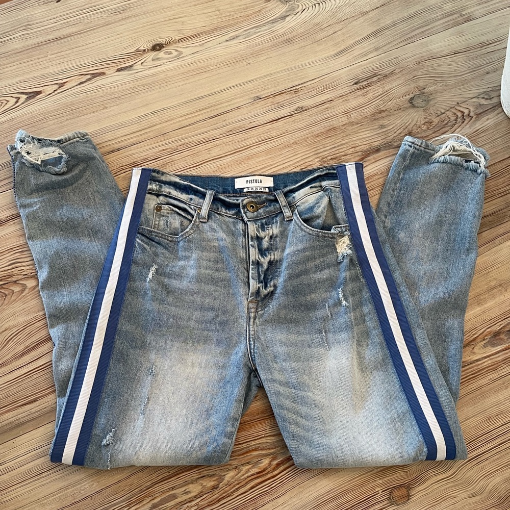 Pistola mid rise side stripe straight leg jeans